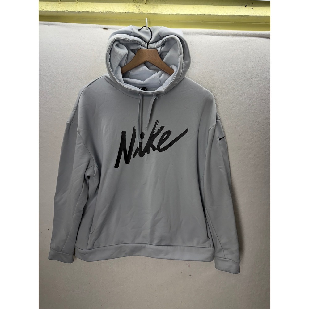 Nike Hoodie Women Medium Grey Therma-FIT Script Logo Pullover 3506